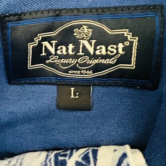 Nat Nast Hawaiian Silk Blend Camp Shirt Blue L Resort AlohaStyle Coastal Summer - Picture 10 of 13